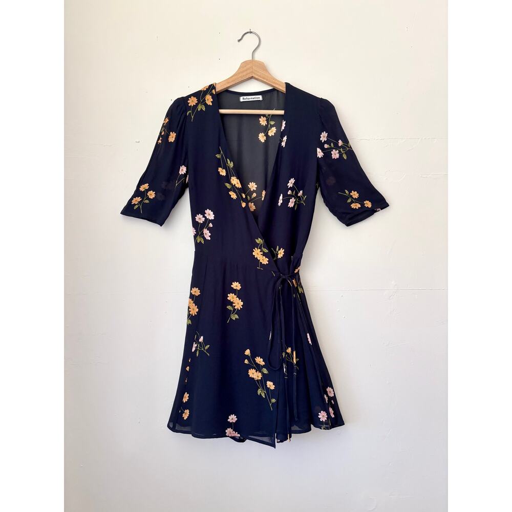 Reformation Navy Blue Floral Mini Wrap Dress- Size Small, Cotton Crepe